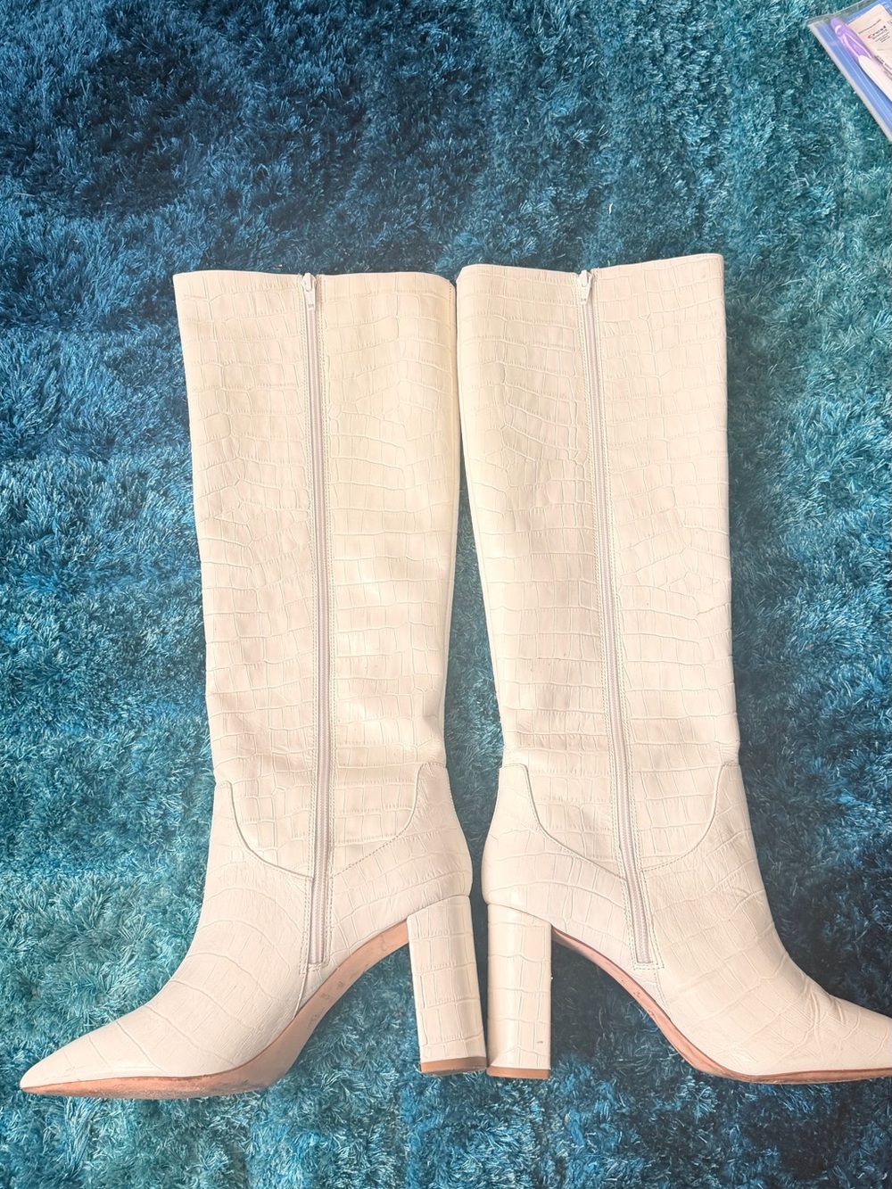 Vince Camuto Off-White Croc-Embossed Knee-High Block Heel Boots